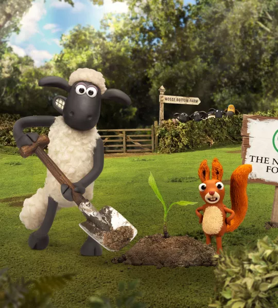 Shaun the Sheep and Stash, a red squirrel, are planting a small tree by a National Forest sign