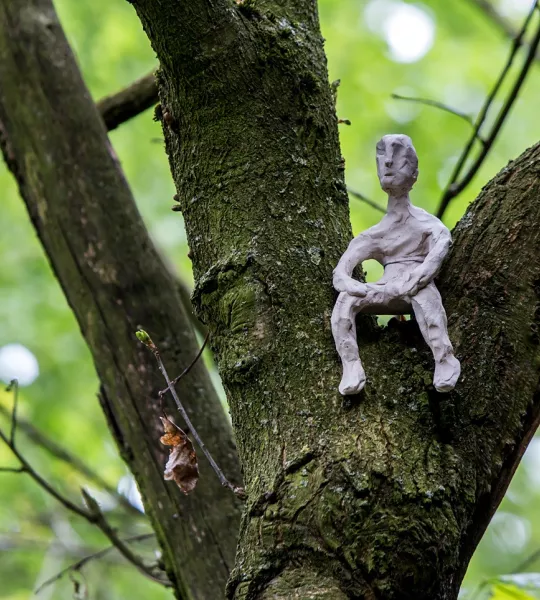 A close up of a small clay figure sat in a gap between two tree branches.